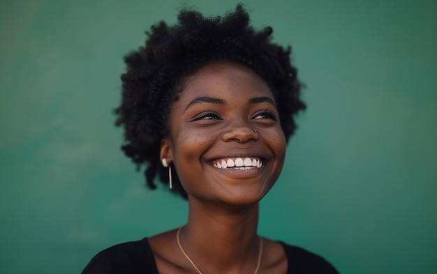 A Happy African Woman Smiling Against a Green Background