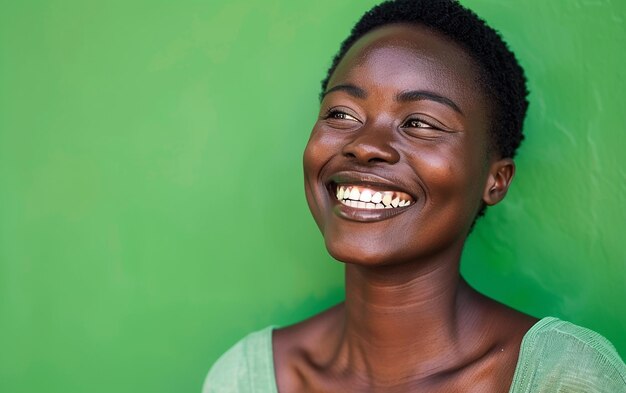 A Happy African Woman Smiling Against a Green Background