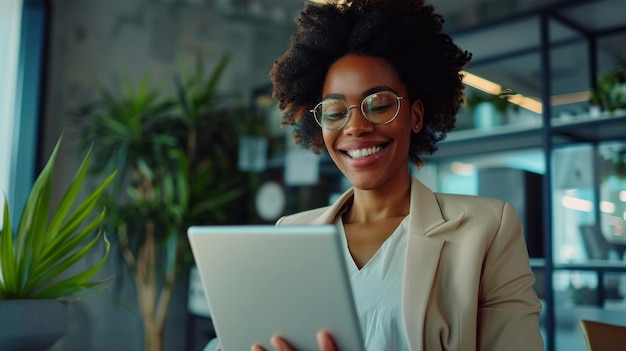 A happy AfricanAmerican woman entrepreneur businesswoman with curly hair wearing glasses working on a digital tablet smiling in a modern office