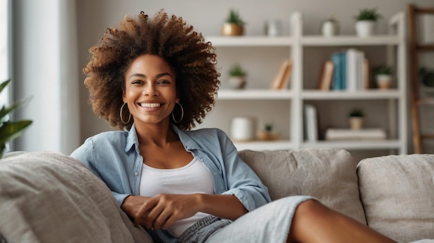 Happy Afro American woman relaxing on the sofa at homeHealthy life style good vibes people and new