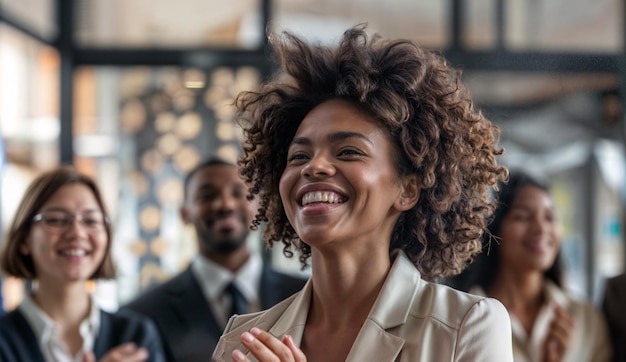 happy afro businesswoman celebrating a success with her work team