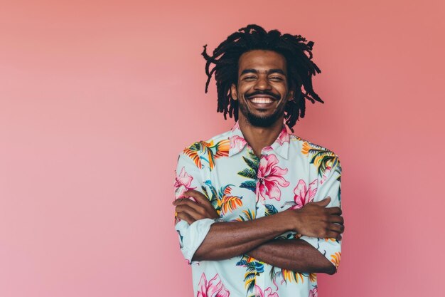 Photo happy afro man with dreadlocks on vacation in floral shirt