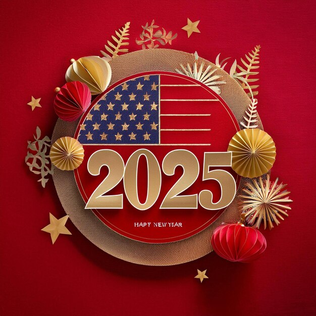 Happy america new year 2025 s redgold paper cut style on color background