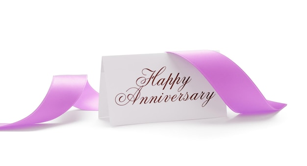 Happy anniversary card with a pink ribbon over a white background