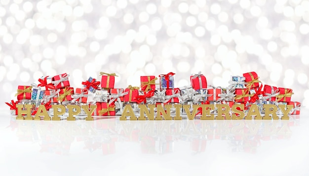 Happy anniversary golden text on the background of red and silver gifts on a bokeh background