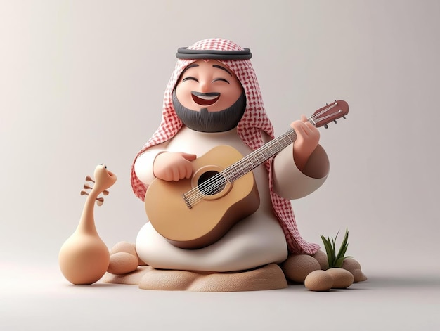 Happy Arab Man Playing Guitar with a Cute Giraffe