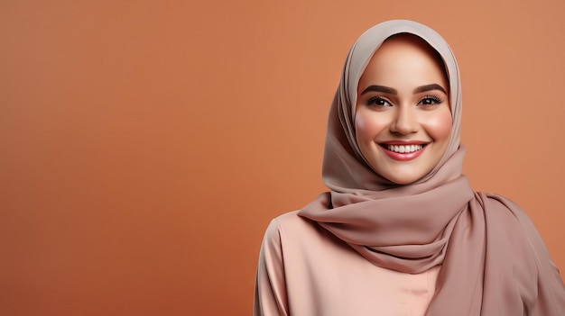 happy arab muslim woman in hijab smiling to camera isolated on color background studio portrait