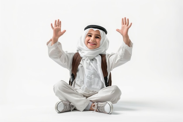 Photo happy arab school boy in traditional attire with backpack