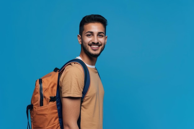 Happy Arab student with backpack for remote learning concept