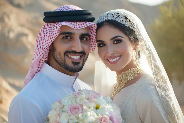 Photo a happy arabian bride and groom posing for a portrait after their wedding ceremony standing