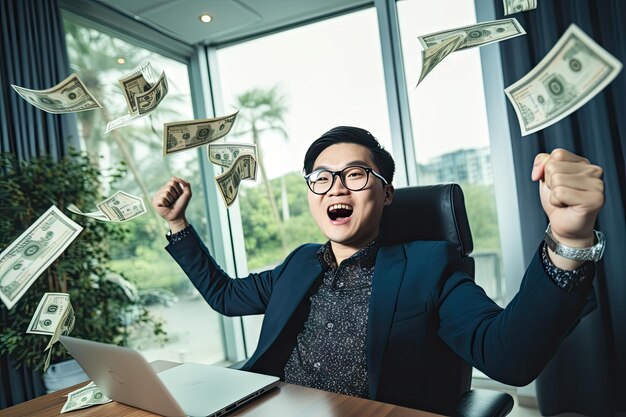 Happy asia man with cash dollars flying in home office