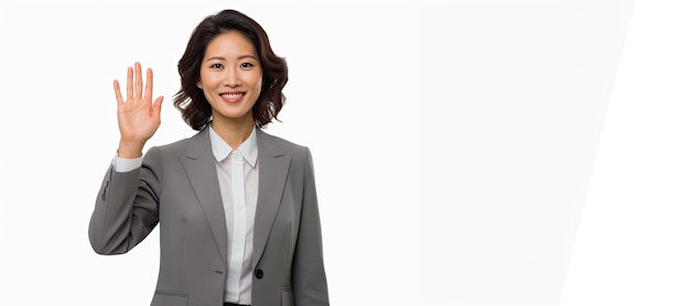 Happy asian businesswoman smiling and showing five fingers with copy space