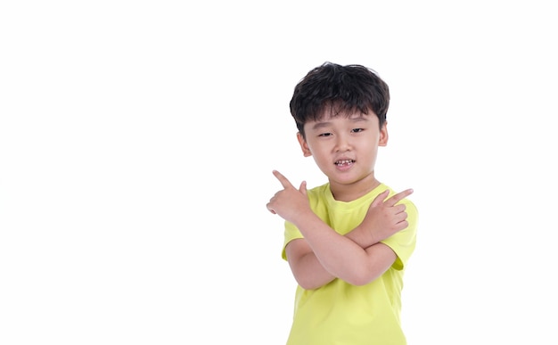 Happy Asian child boy with cute silly expression isolated on white background