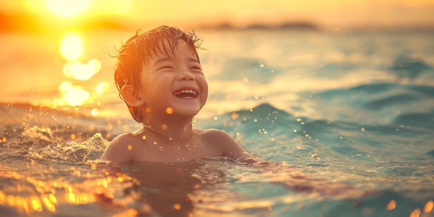 Happy asian child enjoys playful swim in ocean at sunset surrounded by warm golden light