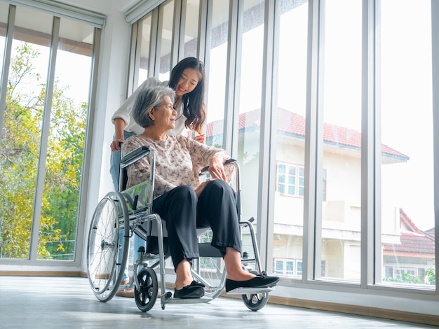 Happy Asian elderly woman mother or grandparents on wheelchair taking care by caregiver smiling young female daughter or grandchild supporting at home on green nature background senior healthcare