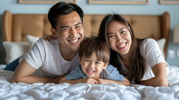 Happy Asian family lying on bed in bedroom with happy and smile AI generate