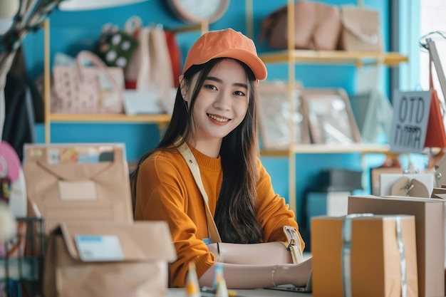 Happy Asian female freelancer handling online marketing and packaging working in her office