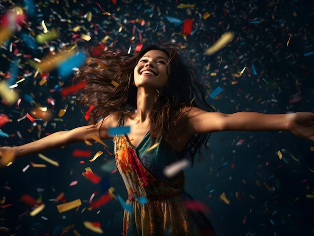 happy asian girl enjoying sprinkling confetti in the middle of a lively party