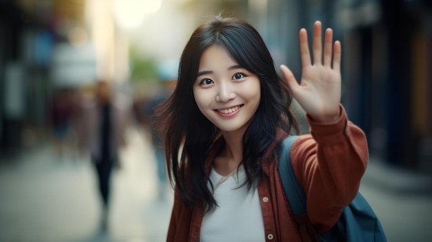 Happy asian girl saying bye to someone waving at friend and walking on street with smartphone