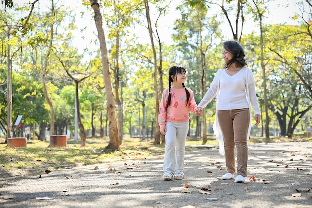 Happy Asian granddaughter holding hand with her grandmother while strolling in the park