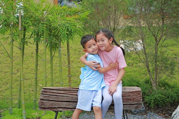 Happy Asian little boy and young girl child embracing while sitting on wooden chair in the garden