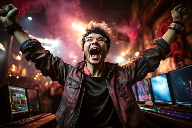 happy Asian male esport player laughs and is happy to win the online games cybersport championship