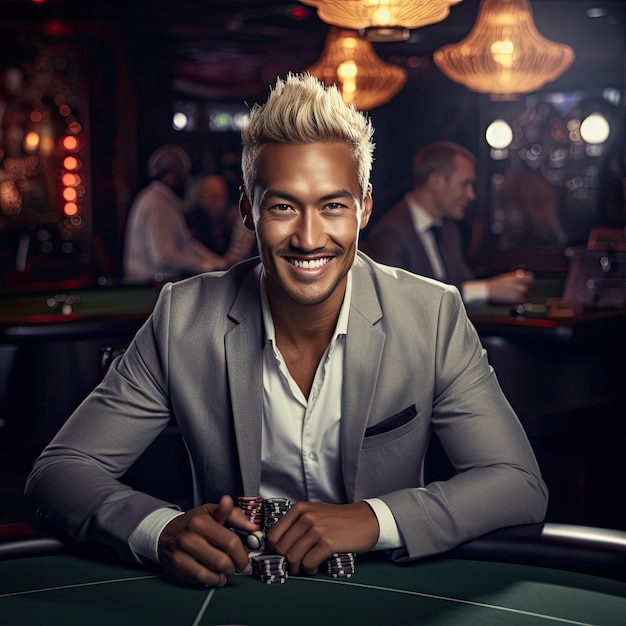 Photo happy asian man in gray suit playing poker