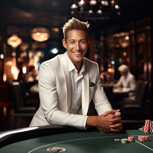 happy asian man in white suit playing poker