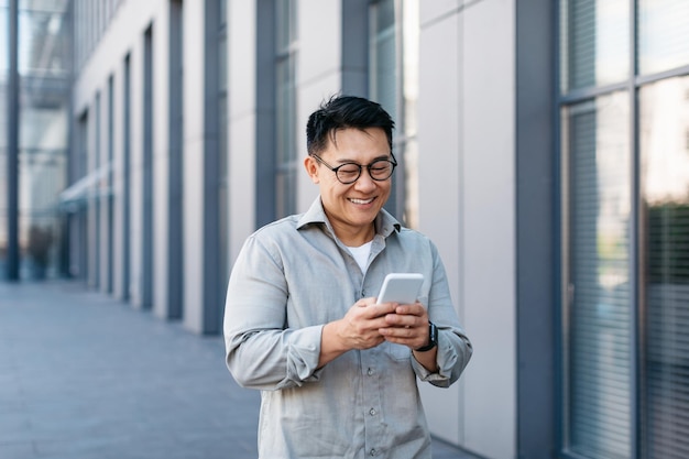 Happy asian middle aged businessman using smartphone and typing message chatting with clients online walking outdoors