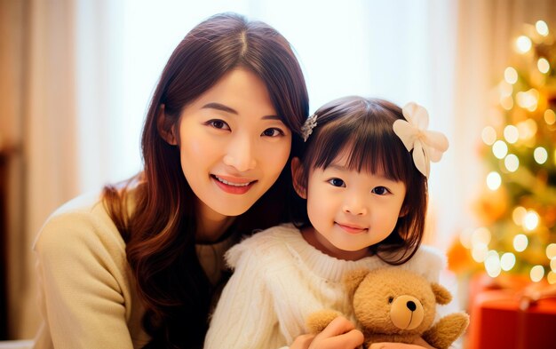 Happy asian mother and daughter portrait with Christmas tree on the background Christmas lights