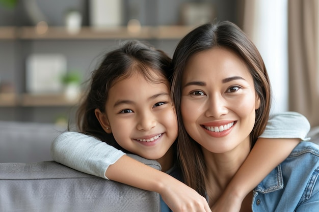 Photo happy asian mother and daughter sharing a tender hug on the sofa at home family bonding moments