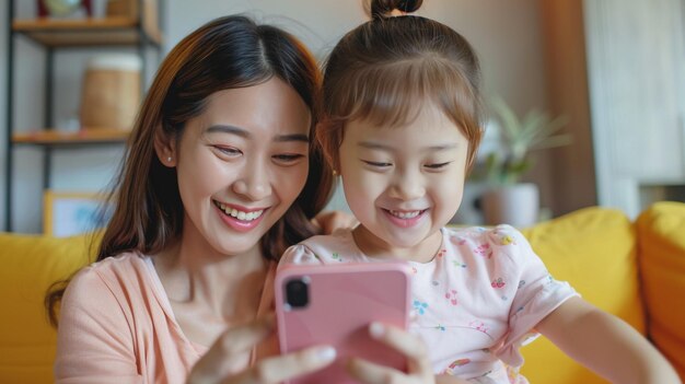 Happy asian mother and daughter sing a song and dancing