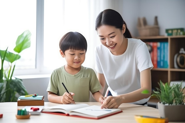 Happy asian mother and son drawing together in living room at home