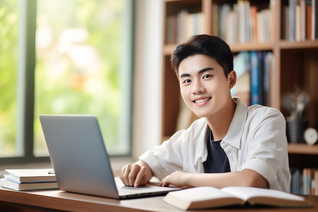 Happy Asian teen student elearning at home on pc writing notes Smiling teenage boy using laptop watching webinar hybrid learning english online virtual class sitting at home table