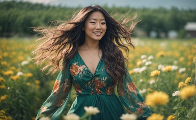 Happy Asian woman in boho dress in flower field