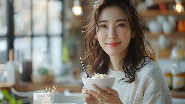 Happy Asian Woman Enjoying a Delicious HomeCooked Meal at the Dining Table