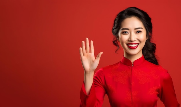 Happy Asian woman in traditional cheongsam dress on red background