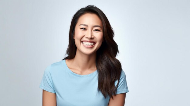 Happy asian woman wearing blue tshirt