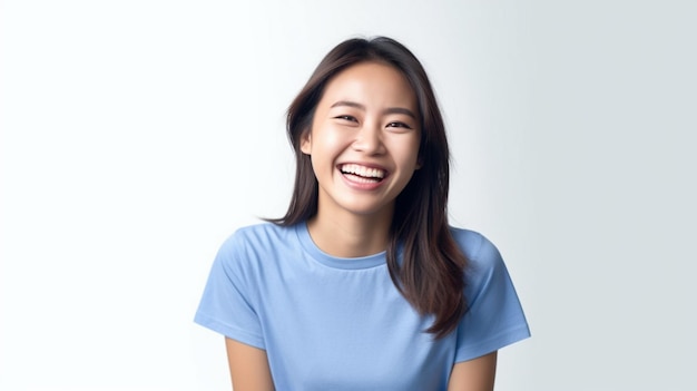 Happy asian woman wearing blue tshirt