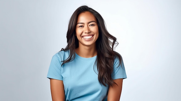 Happy asian woman wearing blue tshirt