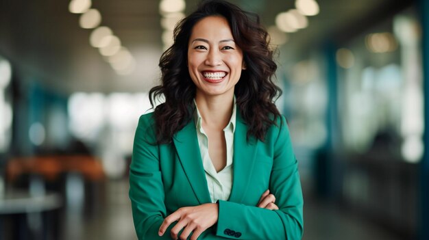 Happy asian woman wearing green blazer