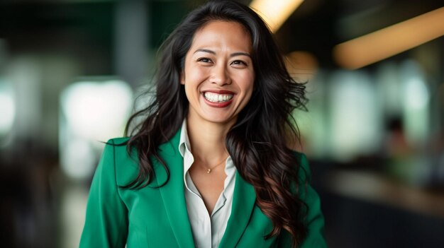 Happy asian woman wearing green blazer