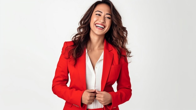 Happy asian woman wearing red blazer