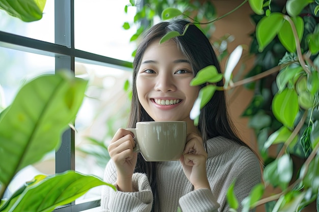 Happy Asian Woman with Coffee Mug in NatureDecorated Workplace