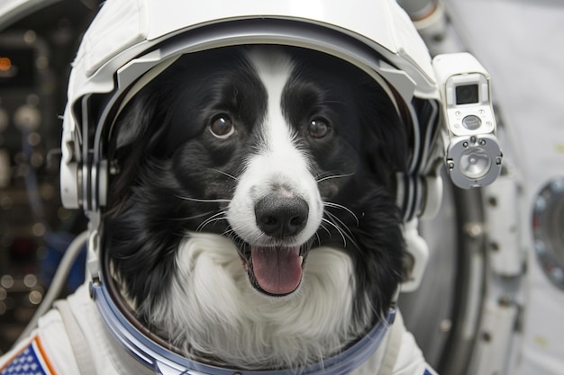 Photo happy astronaut dog space suit inside spacecraft cabin exploration and adventure