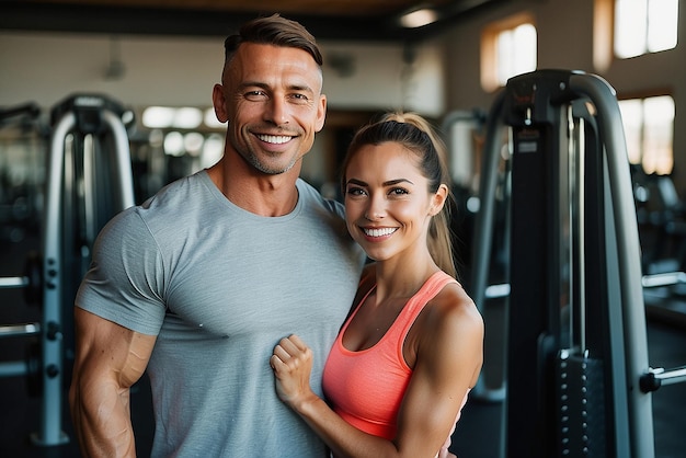 Photo happy athletic couple flexing their muscles after working out in a gym and looking at camera