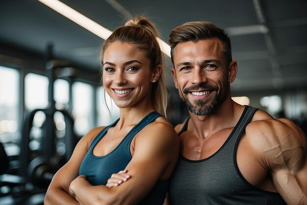 Photo happy athletic couple flexing their muscles after working out in a gym and looking at camera