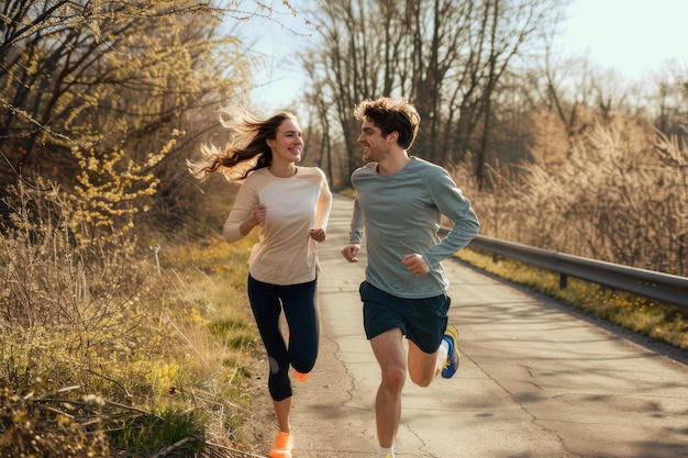 Photo happy athletic couple having fun while running in spring day happy athletic couple having fun while