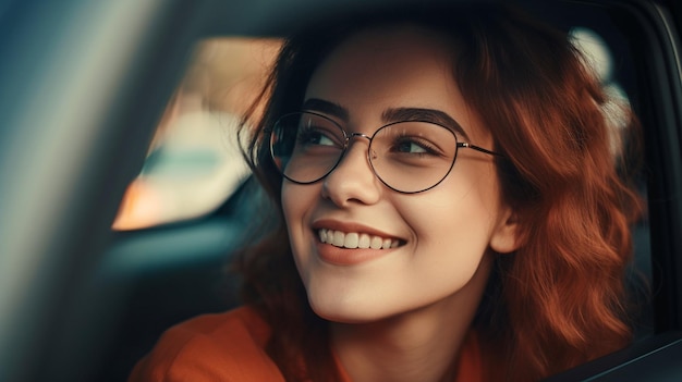 Happy automobile for a nice young lady Consider a lovely young woman driving a car and smiling Generative AI portrait of a steering car with a cheerful woman driver