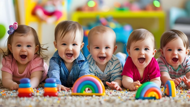 Photo happy babies playing colorful toys nursery room